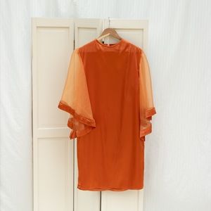 Homemade Orange satin dress with organza sleeves